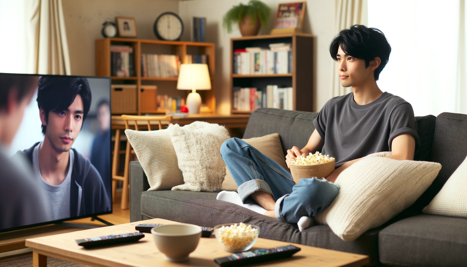 The image shows a 20-year-old Japanese graduate student sitting comfortably on a plush sofa, watching a movie. The student's black hair is styled simply, and they are dressed casually in a plain t-shirt and comfortable jeans, reflecting a relaxed demeanor. The living room is cozy, with a coffee table in front of the sofa holding a remote control and a bowl of popcorn, emphasizing the leisurely nature of the scene. In the background, a TV displays a colorful movie scene, highlighting the student's relaxation time. Next to the TV is a bookshelf filled with academic books, signifying the balance between work and leisure in the student's life. The scene portrays a harmonious blend of relaxation and scholarly pursuits, capturing the life of a Japanese graduate student.