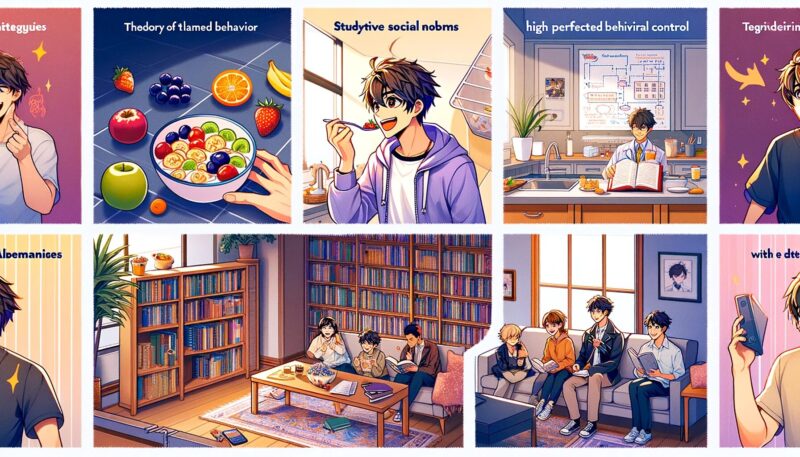 The image shows a graduate student, inspired by Yuya-san, engaging in daily activities that apply the Theory of Planned Behavior. The student is eating a healthy breakfast with fruits in a home kitchen, studying diligently in a well-equipped university library, and watching an anime movie with friends in a cozy living room. The scene is vibrant and lively, illustrating the student's positive attitudes, supportive social norms, and high perceived behavioral control in these activities.