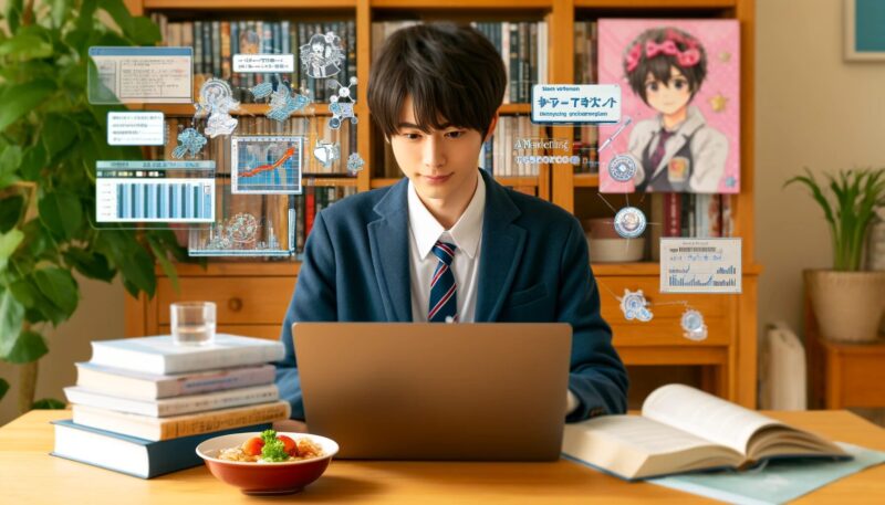 The image depicts a young Japanese graduate student sitting at a desk with a laptop, using ChatGPT for his marketing research and daily activities. The background includes academic elements like books and papers, as well as daily life elements such as a healthy meal and anime posters. The scene is well-organized, showcasing the student's efficient multitasking. The student looks engaged and content, reflecting the perceived usefulness and ease of use of the technology.