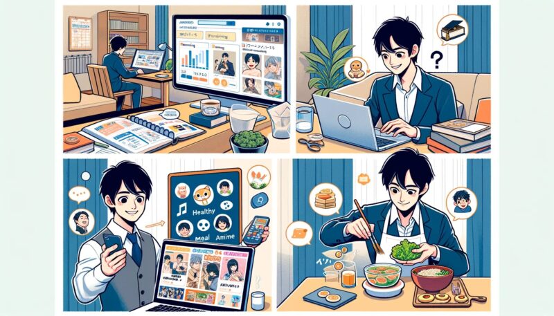 The image shows a Japanese graduate student using ChatGPT in his daily life. He is depicted in various scenes: conducting marketing research on his laptop, preparing a healthy meal with guidance from ChatGPT, and enjoying anime. These scenes illustrate how technology is integrated into both academic and personal activities, highlighting the convenience and efficiency it brings. The student appears organized and satisfied, reflecting the positive impact of ChatGPT on his life.