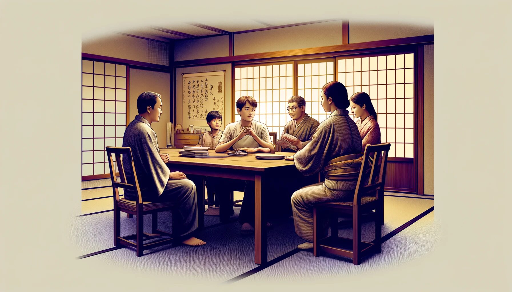 The image depicts a scene that embodies the influence of the Standard Social Science Model on a young adult's life in Japan. In the illustration, a teenage boy is seated at a traditional Japanese dining table with his family. They are engaged in a discussion about social norms and educational expectations, a typical scenario that emphasizes the cultural values of harmony and collectivism. The setting features a typical Japanese home with tatami flooring and sliding doors, highlighting the cultural and social frameworks that shape individual behaviors in accordance with the SSSM.