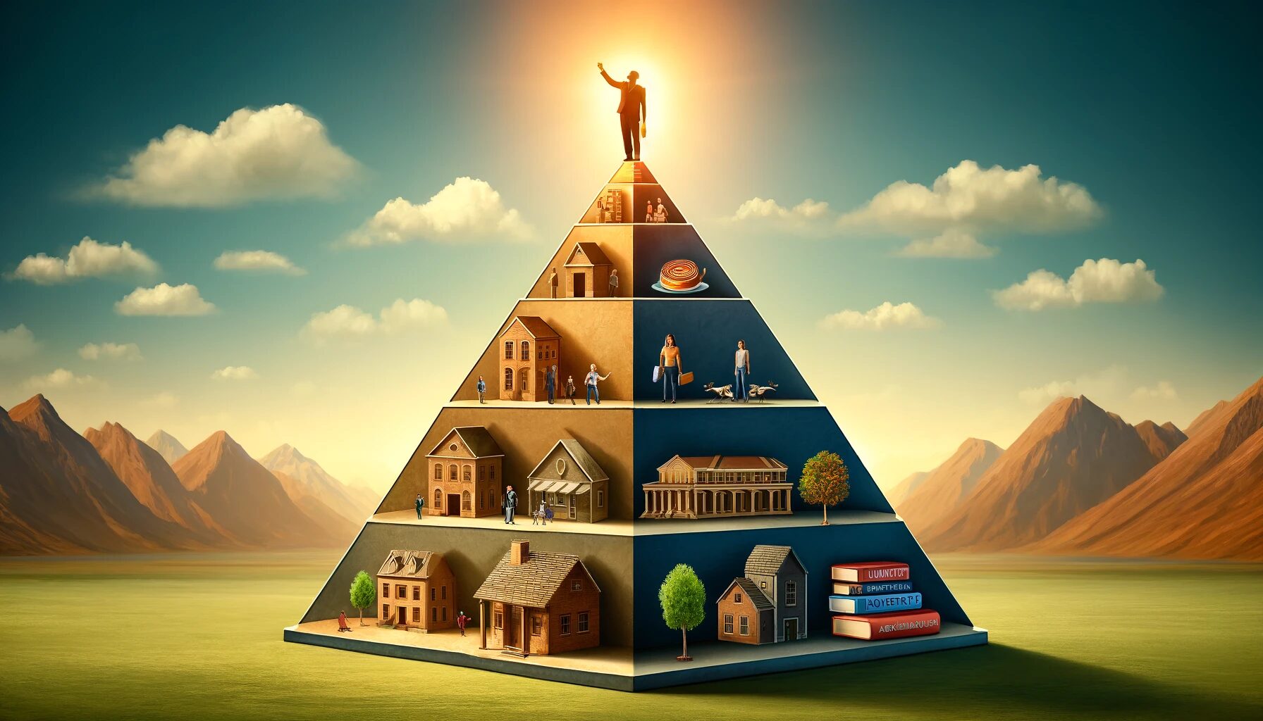 The image represents a graduate student's journey through Maslow's hierarchy of needs as a conceptual art piece. It features a large pyramid divided into several sections that symbolize different levels of needs: Bottom Levels: These sections are filled with symbols of basic physiological needs such as food and shelter, depicting a house to represent security and stability. Middle Levels: The pyramid showcases elements of social belonging and esteem, illustrated through images of a family and an academic setting, symbolizing love, support, and social recognition. Top Level: At the peak of the pyramid, a figure stands reaching upwards, representing the pursuit of self-actualization. This figure is surrounded by books on marketing, symbolizing professional and personal growth in the field. The entire scene is set in a serene and inspiring environment, emphasizing the theme of growth and fulfillment in the journey towards self-actualization.