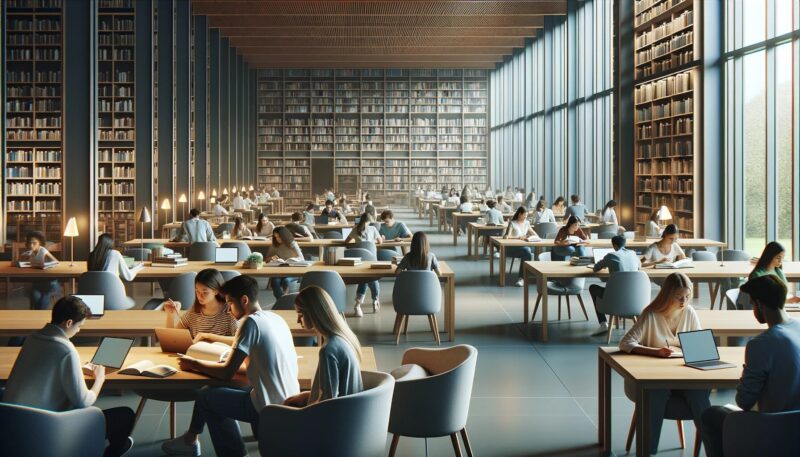 The image depicts a serene, modern university library setting, capturing the essence of a peaceful academic environment conducive to learning and intellectual pursuit. It features a spacious room bathed in natural light from large windows, surrounded by rows of books and comfortable seating arrangements. Several students of diverse appearances are engaged intensely with their studies, some focusing on laptops and others absorbed in books. This scene reflects the intellectual atmosphere of a graduate