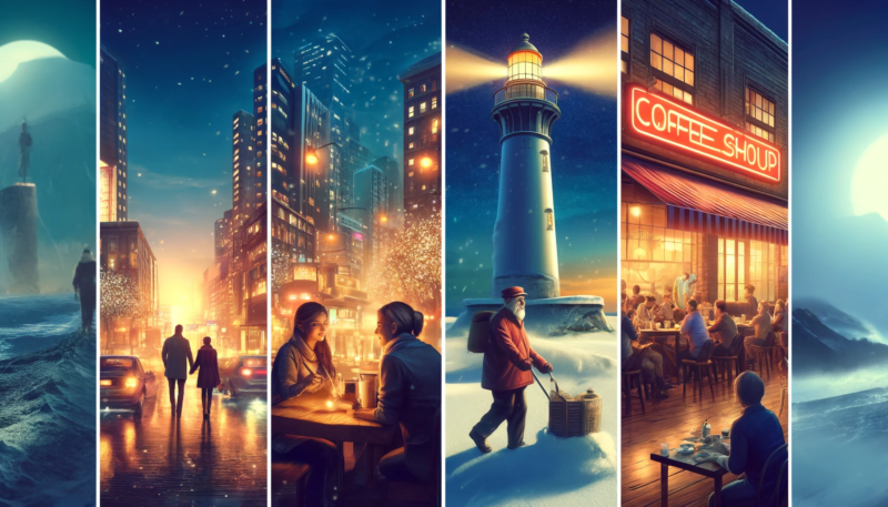 The created image serves as a composite summary, encapsulating themes from the series of previously depicted scenarios. It blends a vibrant cityscape at dusk with a young couple walking towards a warmly lit coffee shop, alongside the image of an elderly man, John, maintaining a lighthouse in a snowy evening. Additionally, it features a bustling coffee shop interior where people enjoy warm drinks, combining these visuals to highlight the interconnected themes of emotional appeal, companionship, dedication, and reliability in advertising. The realistic style emphasizes the warm tones of the coffee shop against the contrasting cold, snowy exterior of the lighthouse, symbolizing the depth and range of emotions and narratives used in effective advertising.