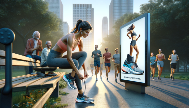 The image created features a commercial scene with a famous sports star, Maria, endorsing high-tech running shoes in an urban park setting during early morning. In the scene, Maria is jogging, attracting attention from various onlookers who admire her performance. The advertisement showcases the sleek design and innovative features of the shoes, such as enhanced cushioning and superior grip. Close-up shots of the shoes are included as Maria ties them, emphasizing their details. The background captures the park's vibrant and active atmosphere with other people jogging and enjoying the outdoors. This realistic depiction emphasizes the dynamic and aspirational qualities of the celebrity endorsement, effectively highlighting how celebrity influence can be leveraged in advertising to enhance product appeal.