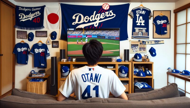 A passionate Dodger fan sits in front of a TV, watching a baseball game between the Dodgers and their rivals. The living room is decorated with Dodgers memorabilia: a large Dodger banner hangs on the wall, and various team merchandise, including caps and scarves, are scattered around. The fan, a Japanese male in his early 20s, is wearing a Dodger jersey with Otani's name on the back, eyes fixed on the screen, where Otani is pitching. A mix of excitement and anticipation is on his face, and a sense of tension fills the room as he watches the game unfold.