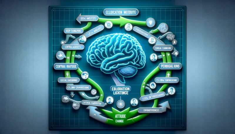 The created image visually represents the Elaboration Likelihood Model (ELM). It features two distinct paths leading to attitude change. The Central Route is depicted with icons symbolizing deep thinking and logical analysis, such as books and checkmarks, indicating careful consideration. The Peripheral Route includes icons representing superficial processing cues, like a celebrity and a thumbs-up, signifying influence by external factors. Both routes converge towards a brain, illustrating the ultimate attitude change. The background has an academic and professional tone with blue and green hues.