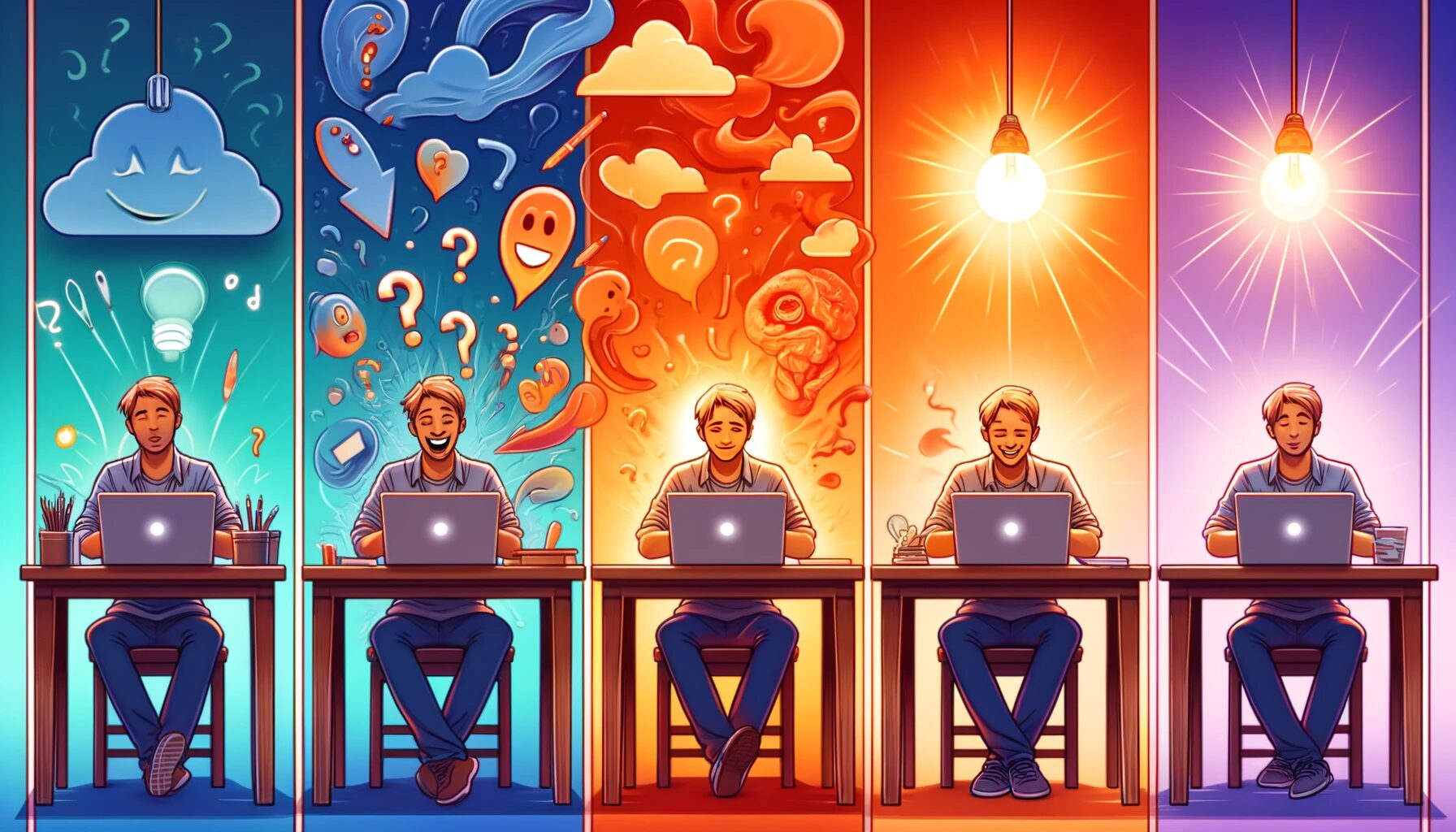 The image illustrates the emotional journey of a writer as they compose a blog post, captured through three distinct stages: Excitement and Idea Generation: The first section shows the writer at their desk, surrounded by floating ideas and vibrant colors, symbolizing high arousal and pleasure, indicative of the initial excitement and brainstorming phase. Mid-Writing Uncertainties: In the middle section, the environment appears dimmer, with question marks hovering around the writer, depicting a mix of pleasure and anxiety as they grapple with the clarity and impact of their words. Contentment and Completion: The final section portrays the writer relaxed and satisfied in a bright, orderly space, representing the satisfaction and control regained upon completing the post.