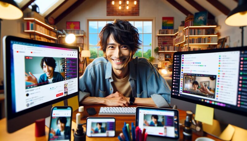 The image captures a Japanese internet celebrity engaged in a live streaming session on YouTube. He is visibly interacting with his audience through the super chat feature, smiling and actively engaging with the questions and comments appearing on his multiple monitors. His home office is colorful and modern, filled with tech gadgets that enhance the live streaming experience. The dynamic atmosphere is inviting, reflecting the lively interaction typical of popular online events.