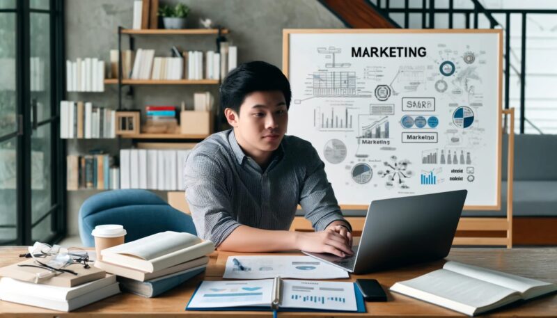 The image now features a young Asian man at his study, reflecting his pursuit of a Master's degree in Marketing. He sits at a cluttered desk filled with marketing textbooks and a laptop displaying complex graphs. Behind him is a whiteboard with detailed marketing strategies. His casual business attire and the orderly yet busy workspace emphasize his dedication. The setting is a bright, contemporary home office, projecting his optimism about his future career in marketing.