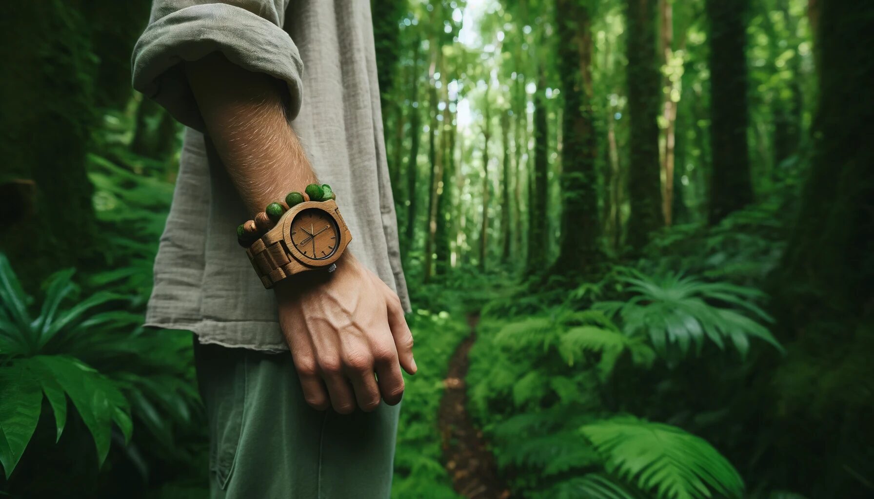 Scene Description The image captures a serene moment in a lush green forest where an individual is showcasing a unique wooden watch made from recycled scrap wood. The watch, prominently displayed on the wrist, stands out with its rustic and natural wood design, contrasting beautifully against the backdrop of vibrant green foliage. Symbolism and Atmosphere This scene symbolizes a deep connection to nature and sustainability, highlighting the principles of green marketing through the eco-friendly design of the watch. The tranquility of the forest and the simplicity of the watch together convey a message about the importance of environmental consciousness in product choices. Visual Elements The individual in the image is dressed casually, blending harmoniously with the peaceful forest environment. This visual composition not only emphasizes the product but also the lifestyle that it represents— one that values and respects the natural world.