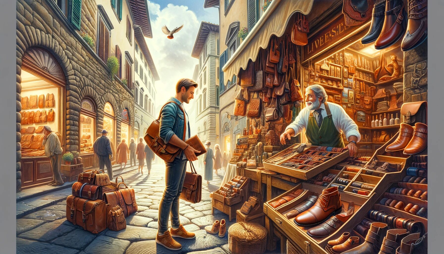 The image captures a moment of discovery on a bustling Italian street in Florence. A traveler, intrigued by local artisanal craftsmanship, enters a small and charming leather shop. The shop is filled with an array of handmade leather goods. In the scene, a middle-aged Caucasian man - the traveler - is being shown a finely crafted leather wallet by an elderly Italian artisan. The setting, with cobblestone streets and historical architecture, enhances the authentic Italian ambiance. The warm and inviting atmosphere of the shop and the detailed display of leather products underscore the high regard for Italian craftsmanship, perfectly illustrating the positive impact of the Country-of-Origin Effect on consumer perception and decision-making.The image captures a moment of discovery on a bustling Italian street in Florence. A traveler, intrigued by local artisanal craftsmanship, enters a small and charming leather shop. The shop is filled with an array of handmade leather goods. In the scene, a middle-aged Caucasian man - the traveler - is being shown a finely crafted leather wallet by an elderly Italian artisan. The setting, with cobblestone streets and historical architecture, enhances the authentic Italian ambiance. The warm and inviting atmosphere of the shop and the detailed display of leather products underscore the high regard for Italian craftsmanship, perfectly illustrating the positive impact of the Country-of-Origin Effect on consumer perception and decision-making.