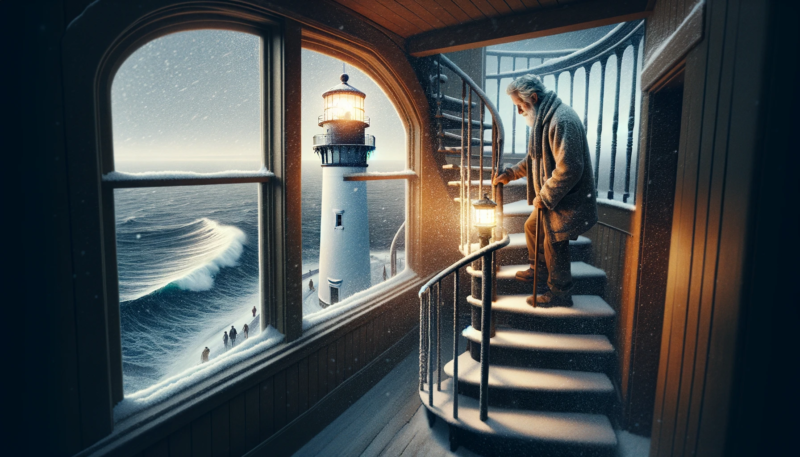 The image captures a serene winter scene at a lighthouse, with John, an elderly man, performing his duties on a snowy evening. It portrays him climbing the spiraling staircase inside the lighthouse, checking the beacon to ensure it continues to shine brightly—a symbol of safety and guidance. The external view includes a gentle snowfall and rough sea waves, reinforcing the lighthouse’s crucial role. This scene encapsulates the themes of dedication and reliability, reflecting the enduring qualities of John’s character and the resilience symbolized by the watch he represents. The realistic styling highlights the stark contrast between the warmth of the lighthouse interior and the harsh, cold outside environment.