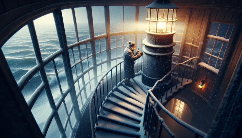 The image portrays a serene winter scene featuring John, an elderly man, diligently maintaining a lighthouse during a snowy evening. The depiction captures John as he ascends the spiraling staircase inside the lighthouse, checking to ensure the light shines brightly. The exterior view shows a gentle snowfall and rough sea waves, emphasizing the lighthouse's crucial role as a beacon of safety. This scene effectively symbolizes dedication and reliability, key themes in the advertisement's storytelling. The realistic style focuses on the contrast between the warm light inside the lighthouse and the cold, harsh external conditions, reflecting the enduring qualities of John's character and the resilience of the watch he represents.