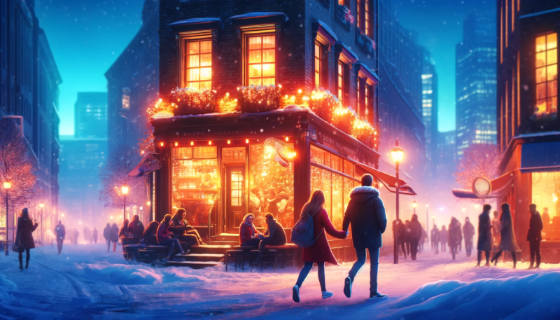 The newly created image once again captures a vibrant cityscape at dusk, showcasing a young couple walking hand-in-hand toward a warmly lit, bustling coffee shop. The shop's exterior is festively decorated, and the windows offer a glimpse into the lively atmosphere inside where people are enjoying warm beverages and conversations. This depiction reinforces the sense of community and warmth, crucial elements of emotional appeal in advertising. The realistic style and vibrant colors enhance the lively yet cozy ambiance, effectively conveying the themes of companionship and emotional connection that are central to engaging and impactful advertising.