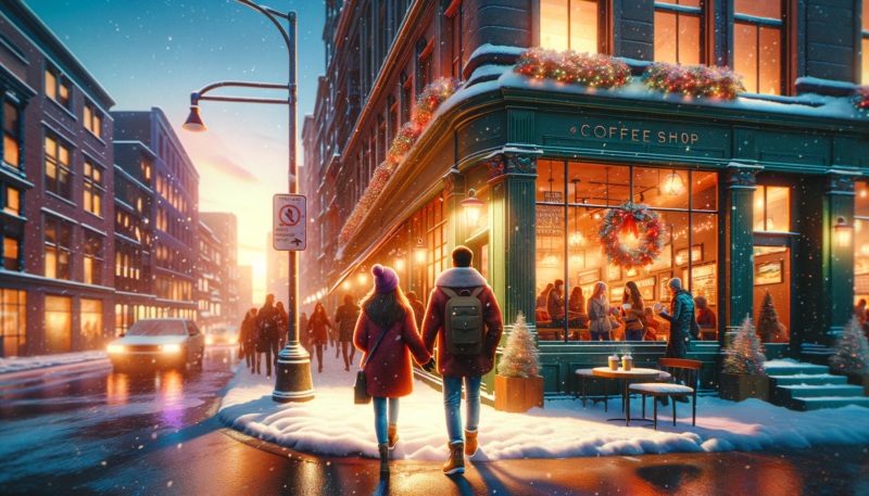 The image depicts a vibrant cityscape at dusk, where a young couple walks hand-in-hand towards a warmly lit, bustling coffee shop. The exterior of the coffee shop is adorned with festive lights, and through its windows, a lively scene of people chatting and enjoying warm beverages can be seen. This scene beautifully captures the essence of companionship and warmth, key elements of the emotional appeal in advertising. The realistic style, enhanced with vibrant colors, perfectly highlights the lively yet cozy atmosphere, reinforcing the sense of community and the comforting ambiance of the coffee shop. This illustration serves as an effective visual representation of how emotional connections can be fostered in advertising to engage consumers deeply.