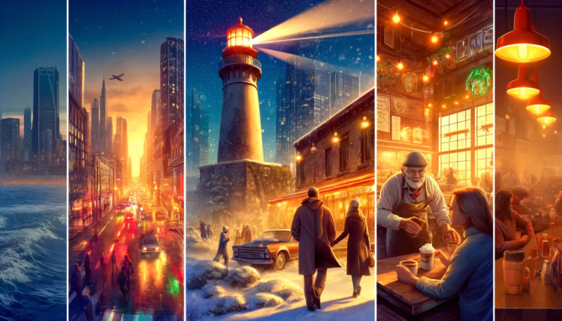 The newly created image is another composite summary that interweaves scenes from previous imagery to underscore the themes of emotional appeal, companionship, dedication, and reliability. It features a vibrant cityscape at dusk where a young couple approaches a warmly lit coffee shop, juxtaposed with John maintaining a lighthouse in a snowy evening. This setting also includes the interior of the bustling coffee shop filled with people enjoying warm beverages. The realistic style effectively uses warm tones of the coffee shop and the contrasting cold, snowy exterior of the lighthouse, symbolizing the depth and range of emotions and narratives used in successful advertising.