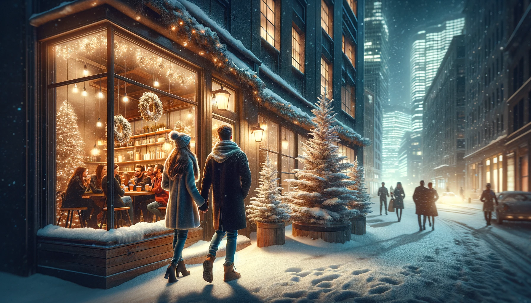 The created image represents the concept of "Emotional Appeal in Advertising." It vividly depicts a young couple walking hand-in-hand through a snow-covered street in a bustling city at night, pausing by the warmly lit window of a local coffee shop. The cozy interior seen through the window, filled with people enjoying conversations over coffee, adds to the inviting and heartwarming atmosphere. This scene encapsulates the feelings of comfort and togetherness, effectively conveying the emotional connection intended in the advertisement. The realistic style and soft lighting enhance the warm, welcoming vibe, making it a perfect illustration of how emotional appeal can be used in advertising to create a deep connection with the audience.