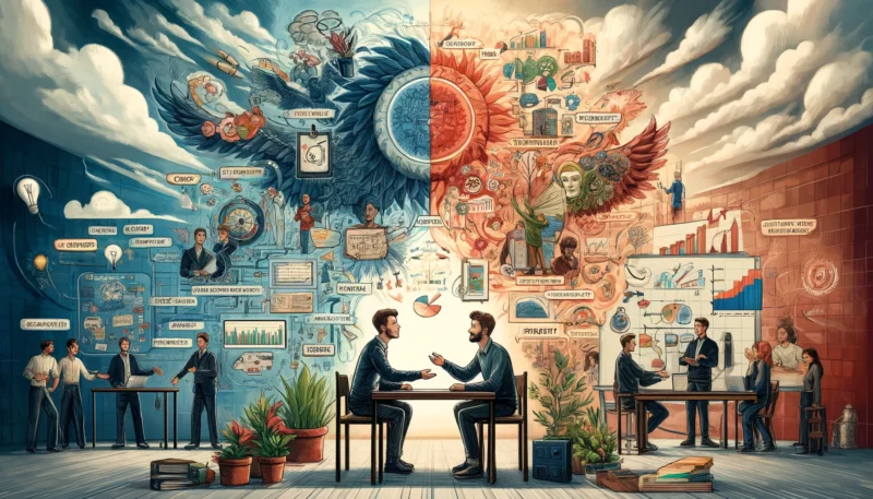 The image provides a visual narrative of Alex and Jordan in a moment of collaboration, overcoming their work conflict. Alex is shown presenting a structured plan, incorporating elements like charts and timelines, while Jordan contributes creative, out-of-the-box ideas, depicted through colorful mind maps and sketches. The scene conveys a harmonious blend of their approaches, set in a shared workspace where their ideas intermingle. Central to the illustration is a large, shared project display, symbolizing how their unique methods complement each other and lead to an innovative solution. The positive atmosphere of the image highlights the successful resolution of their conflict through mutual understanding and valuing their interdependent strengths.