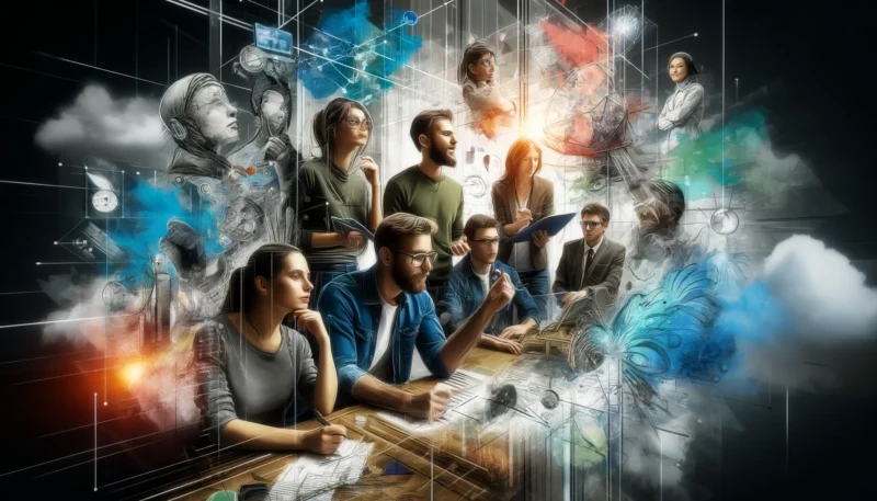 The image portrays a diverse team engaged in a challenging project, embodying the role of interdependence in team dynamics. Each team member is distinct, with characteristics that emphasize their unique skills and perspectives. They are shown participating in various project-related activities, such as brainstorming, discussing strategies, and working on a computer. The image is rich with interactions between the team members, using visual elements like overlapping speech bubbles, connecting lines, and shared tools to illustrate their collaborative efforts. This representation underscores the importance of each member's contribution to the team's success and the interdependent nature of their relationships, key elements of Interdependence Theory.