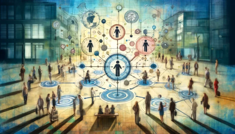 This image artistically interprets Interdependence Theory within the context of social interactions. It depicts a diverse group of individuals in a public space, such as a park or city street, symbolizing a social environment. Each person is connected to others through various symbols like arrows, lines, and circles, representing the different facets of their interdependent relationships. While engaged in various activities, these visible connections between the individuals illustrate how interdependence is a crucial aspect of everyday life, influencing and shaping social interactions and relationships.