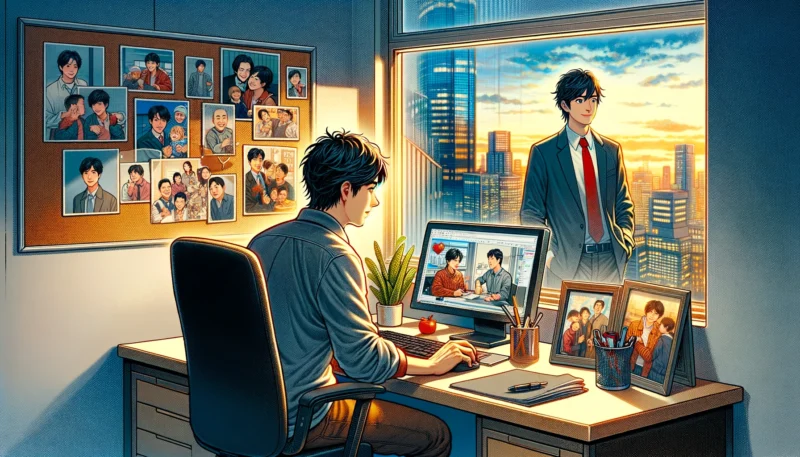 This illustration presents Yuya-san in an office environment, contemplating the impact of his personal relationships on his career decisions. He is seated at a desk, which is adorned with photos of friends and family, symbolizing his deep personal connections. Outside the office window, a dynamic cityscape is visible, representing the allure of the new job opportunity. The image strikingly contrasts the warm, personal elements of Yuya-san's current life with the exciting, professional aspects of the potential job. This visual juxtaposition highlights Yuya-san's internal conflict between maintaining his personal values and pursuing career advancement.