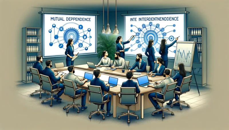 This illustration captures a team in a meeting room, with a focus on the interdependent dynamics within the group. The scene shows team members actively engaged with each other, with some presenting ideas while others listen attentively or take notes. Each member's role is subtly indicated by their posture, gestures, and objects such as laptops, notepads, and presentation screens. The room is modern and well-lit, creating a professional atmosphere. The essence of teamwork is clearly depicted, emphasizing mutual dependence and a collaborative spirit, which are central to Interdependence Theory. This image highlights the importance of each member's contribution and the synergy that results from their combined efforts.