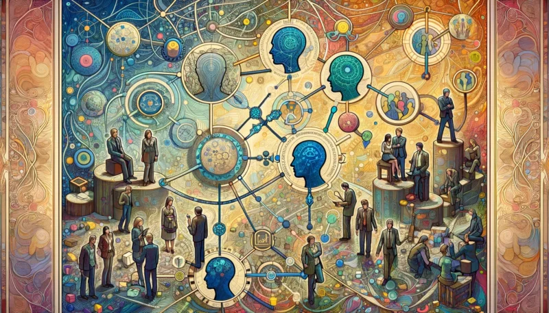 This conceptual illustration effectively summarizes the key aspects of Interdependence Theory. It features interconnected human figures, each representing different scenarios: Yuya-san making a career decision, a team working collaboratively, and colleagues resolving a conflict. These figures are linked by lines and other symbols, illustrating their interdependent relationships. The background consists of a tapestry of abstract patterns and colors, symbolizing the complexity and depth of social dynamics. This illustration encapsulates the idea that in social psychology, personal and professional relationships are deeply interwoven, significantly impacting each other's dynamics. It visually conveys how individual decisions and relationships are intertwined within the broader context of social interactions.