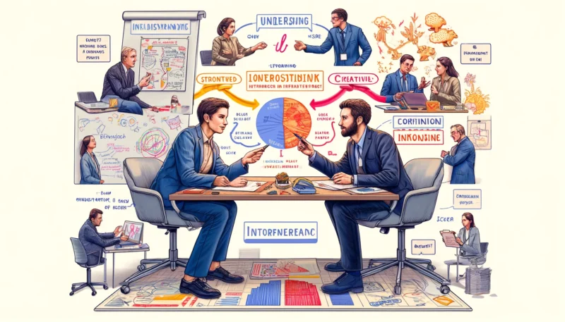 The illustration captures two colleagues, Alex and Jordan, navigating a conflict in a professional setting. Alex is depicted with a structured, methodical approach, as evidenced by organized notes and a clear plan on a whiteboard. In contrast, Jordan is shown with a more flexible, creative approach, characterized by colorful brainstorming notes and a dynamic workspace. The image focuses on a moment of understanding and cooperation between them. Visual cues, such as overlapping ideas on a shared board and expressions of mutual respect, highlight their process of resolving conflict through the appreciation of their interdependent working relationship. This scene effectively illustrates how understanding and valuing interdependence can lead to the successful management of conflicts in a professional environment.