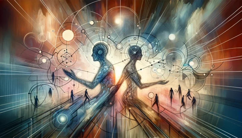 The image created here represents the concept of Interdependence Theory in social psychology. It features two human figures that are symbolically interconnected through various lines and shapes. These connections depict their mutual dependence and the influence they exert on each other. The abstract background, with a blend of soft colors, highlights the complexity and fluidity inherent in interpersonal relationships. The figures are posed in a contemplative or connected manner, rather than engaging in specific actions, mirroring the theoretical and abstract nature of Interdependence Theory.