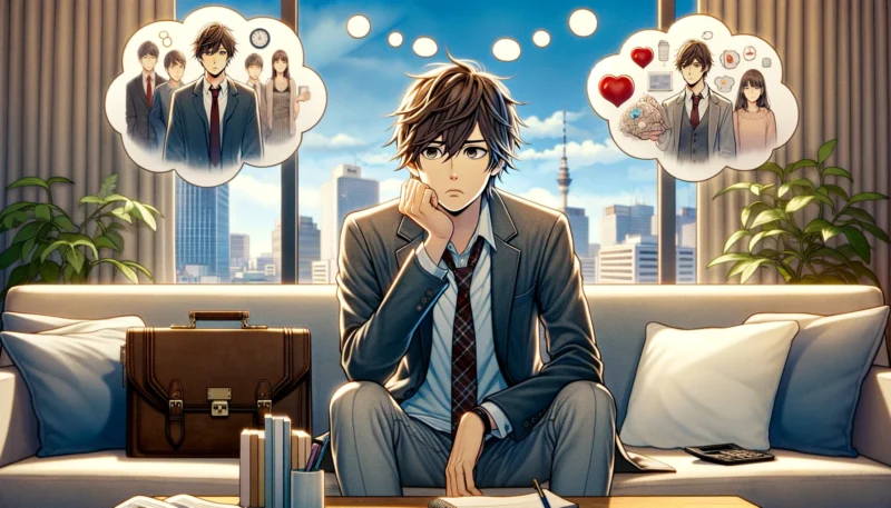 The image illustrates Yuya-san, a character influenced by social psychology, grappling with a tough decision about a job offer in a different city. Yuya-san is depicted in a contemplative pose, surrounded by thought bubbles. These bubbles contain symbols representing the new job opportunity (like a briefcase or a city skyline) and his current life (like a heart or a group of friends). The setting is a cozy room, symbolizing his comfortable current life. A window in the room provides a view of a bustling city, symbolizing the new opportunity. This scene captures the emotional dilemma and the significant impact of personal relationships on Yuya-san's decision-making process.