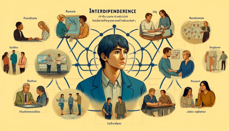 The collage created here summarizes Interdependence Theory and its application in social dynamics. It includes elements from the previous illustrations: Yuya-san contemplating his career decision influenced by personal relationships, a diverse team collaborating on a project, and colleagues Alex and Jordan resolving a conflict. These elements are interconnected, symbolizing the essence of interdependence. The overall image conveys the concept that individual actions and relationships are mutually influenced and essential for understanding social dynamics. It captures the complexity and the intertwined nature of personal and professional relationships, highlighting how they collectively shape our decisions and interactions.