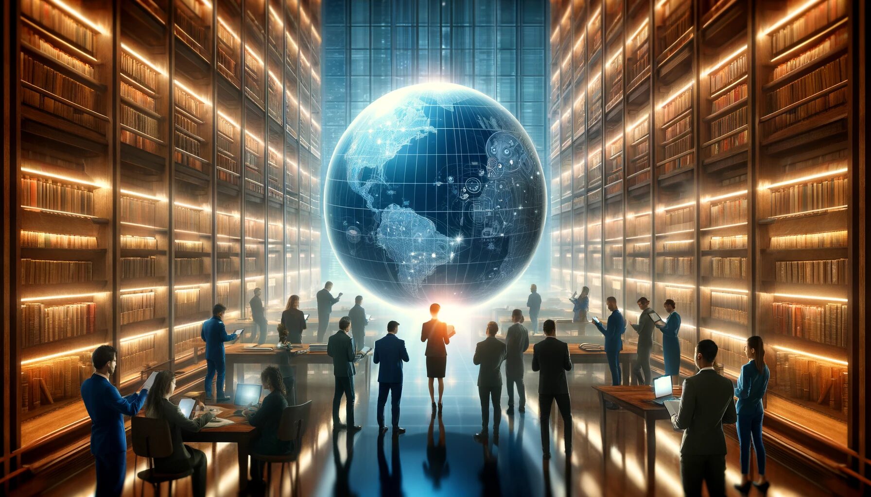 The image created visually encapsulates the concept of 'Source Credibility'. It features a strikingly designed library, where rows of books line the walls, suggesting a repository of knowledge and information. Central to the composition is a large, glowing globe, which symbolizes access to global information, emphasizing the worldwide impact and relevance of source credibility. Surrounding the globe, various individuals of different ethnic backgrounds, dressed in professional attire, are depicted. These characters are engaged in evaluating both books and digital devices, representing the dual nature of modern information gathering—traditional and digital. This scene effectively portrays the ongoing search for reliable and authoritative sources, highlighting the critical evaluation skills necessary in today's information-rich environment. The ambiance of the library is rendered with soft, ambient lighting, which not only adds a sense of focus and seriousness but also enhances the overall mood of authority and trust. This setting underlines the importance of credible sources in maintaining the integrity of information that society receives and relies upon.