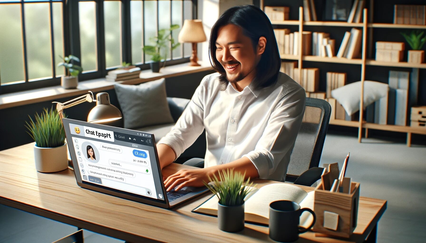 The image depicts a young Asian male in his late twenties using ChatGPT on his laptop in a modern office environment. He appears satisfied and productive, surrounded by contemporary office decor, books, and a coffee mug. The laptop screen displays a friendly chat interface, reflecting his engagement with the technology. This scene illustrates the positive impact of the Unified Theory of Acceptance and Use of Technology (UTAUT) constructs like performance expectancy and facilitating conditions on his acceptance and use of ChatGPT.