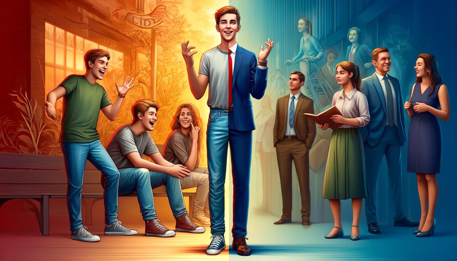 The image created showcases a young adult navigating two distinct communication settings, effectively illustrating the principles of Communication Accommodation Theory. Casual Setting with Friends On the left side of the image, the individual is portrayed in a casual environment among friends. The relaxed body language, informal attire, and vibrant expressions highlight a setting of comfort and ease. The use of hand gestures and animated conversation signifies the convergence in communication style, where informal language bridges the social gap, fostering a sense of belonging and camaraderie. Formal Setting with Parents and Teachers Contrastingly, the right side of the image depicts the same individual in a formal setting with parents and teachers. Here, the posture is upright, and the attire is smart, reflecting the formality of the situation. The respectful hand gestures and serious facial expressions convey divergence from the casual style, emphasizing respect and adherence to social norms expected in such interactions. This visual example underscores the adaptability of communication styles in different social contexts, mirroring the theoretical concepts discussed in Communication Accommodation Theory.