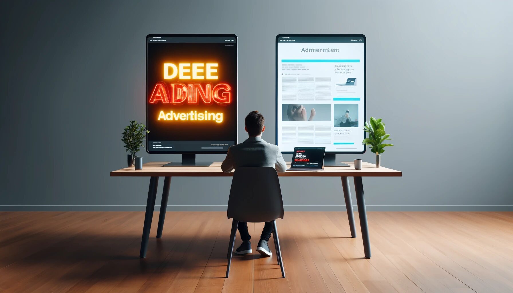 Setting: The image shows a laptop screen on a modern desk, displaying two types of advertisements. The room around the desk is minimalist, with a sleek design, to keep the focus on the advertisements. Intrusive Ad: On the left side of the screen, there's a pop-up ad, brightly colored and flashing, attempting to capture the user's attention forcefully. The ad covers a portion of the content beneath it, symbolizing its intrusive nature. The flashing text emphasizes its pushy style. Natural Advertising: On the right side of the screen, there's a subtle advertisement integrated into a website article. The ad is naturally woven into the content, resembling a casual product mention. Its appearance is in harmony with the surrounding content, blending in seamlessly. User Reaction: Next to the laptop, a person is shown sitting at the desk, looking at the screen. Their body language reflects discomfort towards the intrusive ad, while their gaze and expression soften when they turn towards the natural advertisement. This highlights how different types of ads evoke varying responses.