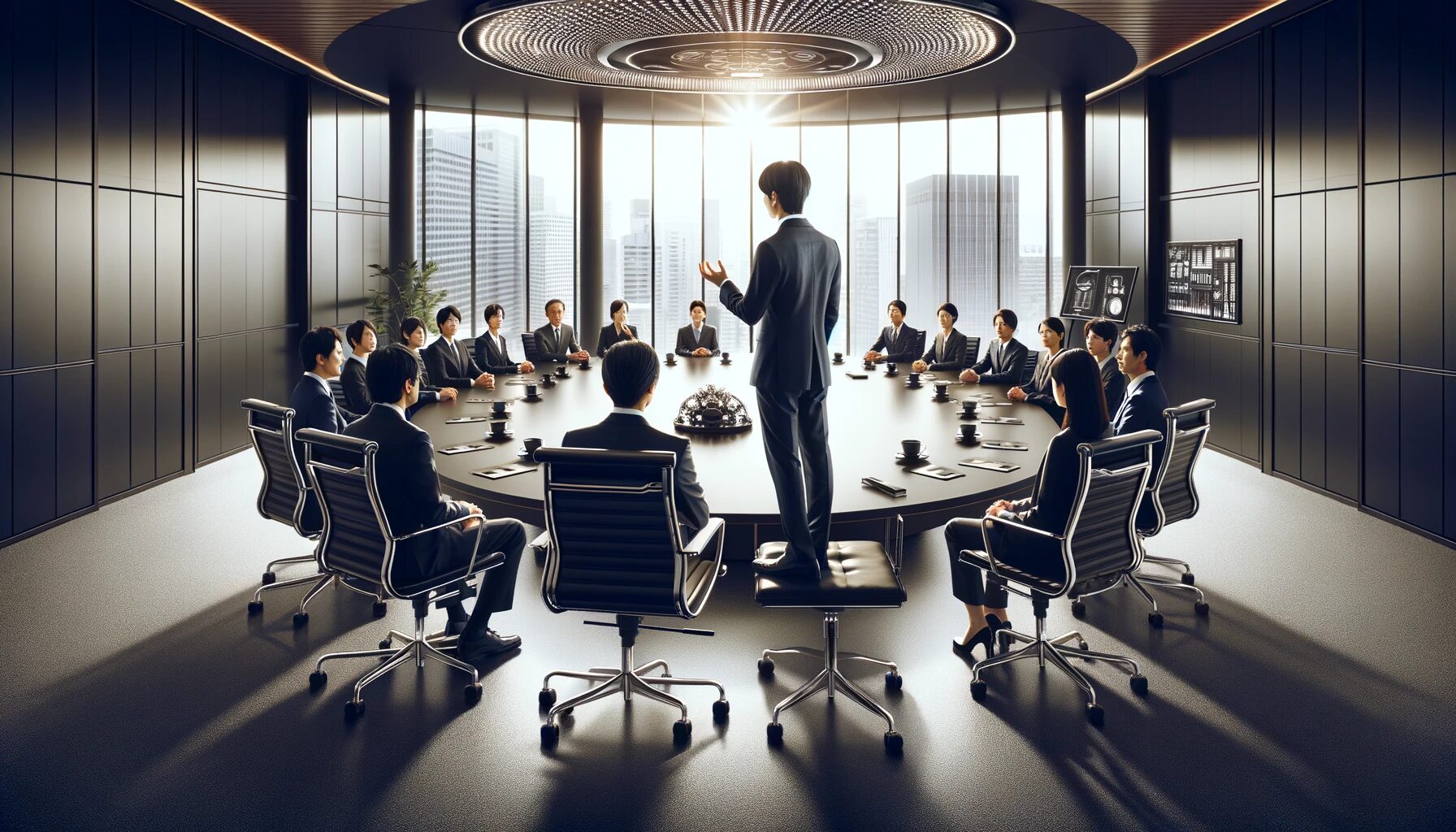 The image captures a scene in a Japanese corporate boardroom that visually embodies the principles of Role Congruity Theory. The setting is modern, with a spacious room featuring a large oval table surrounded by sleek black leather chairs. In the foreground, a Japanese man dressed in a dark suit stands confidently, gesturing as if he is presenting or challenging an idea, symbolizing the initiation of change. Surrounding him, a diverse group of colleagues—both men and women in business attire—listen attentively. This diversity represents a shift towards a more inclusive corporate culture that challenges traditional gender roles. Large windows in the background let in natural light and offer a view of the cityscape, suggesting openness and progressive change in the corporate environment. The overall atmosphere is one of serious deliberation with a hopeful undertone for future advancements.