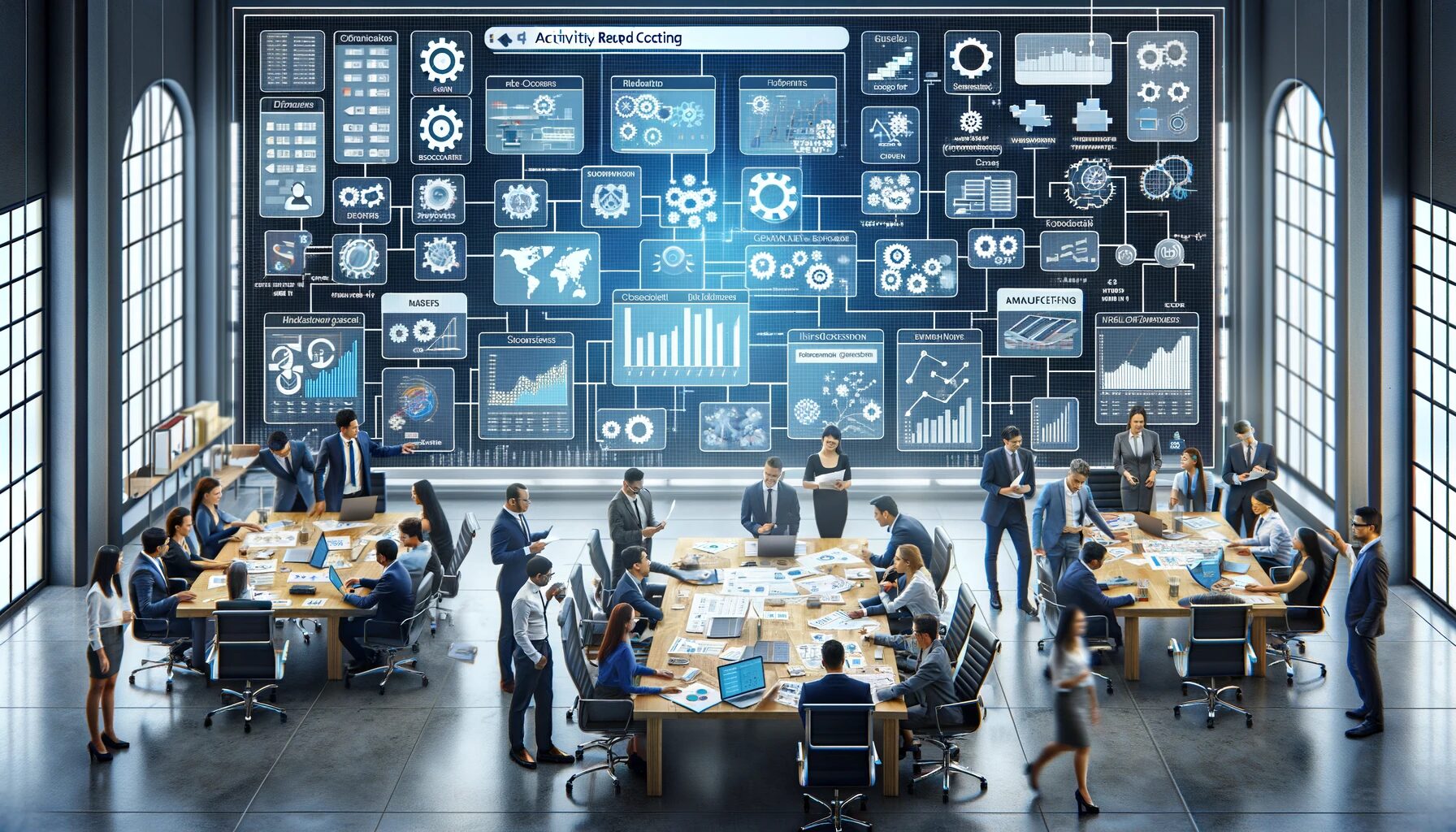 The image visually represents a scenario in which Activity-Based Costing (ABC) is being implemented within a manufacturing company's office setting. The scene captures a diverse team of professionals—men and women of various ethnic backgrounds—collaboratively engaged around a large conference table. The focal point of their discussion is a detailed flowchart displayed on the table, illustrating different manufacturing processes and the associated cost drivers. This flowchart serves as a critical tool for understanding and allocating costs accurately under the ABC methodology. Surrounding the team are digital displays and scattered paperwork, all rich with graphs and data analyses, which suggest an environment deeply rooted in detailed financial scrutiny and operational efficiency. The professionals are actively involved in the discussion, with some pointing at specific parts of the flowchart and others taking notes, highlighting the analytical and collaborative atmosphere essential for successful ABC implementation. This setup not only facilitates a comprehensive understanding of costs but also fosters a culture of informed decision-making aimed at enhancing business efficiency.