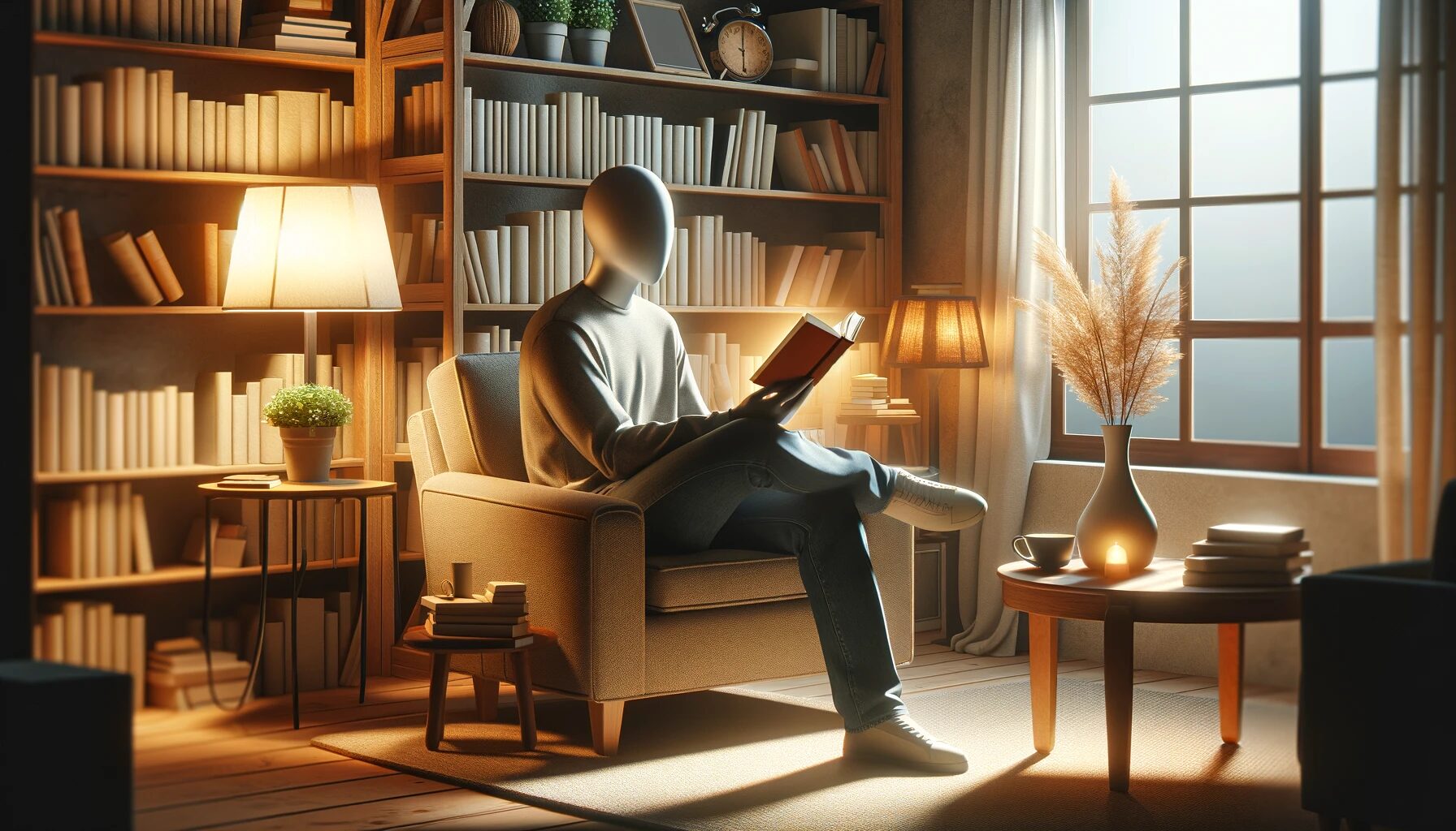 The image portrays a serene and inviting reading nook, illuminated by soft, warm lighting that enhances the cozy ambiance. An average adult, with no specific facial features, is depicted sitting comfortably in a plush armchair, engrossed in a book. This book was discovered through an influencer's recommendation, illustrating the impact of influencer marketing on personal choices. Surrounding the reader are bookshelves filled with an assortment of books, a testament to a love for reading. A small coffee table nearby holds a cup of coffee, adding to the relaxed atmosphere, while a plant in the corner of the room contributes to the tranquil setting. The overall scene captures a moment of quiet reflection and the transformative power of a good book recommended by a trusted influencer.