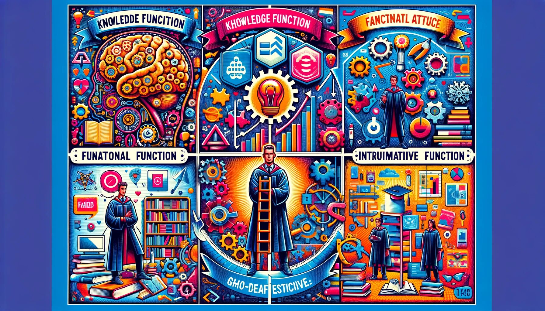 The image shows a vibrant, educational collage divided into four sections, each representing one of the key functions of Functional Attitude Theory. Knowledge Function: In the first section, there's an illustration of a human brain with gears and cogs, symbolizing the mental shortcuts attitudes provide for organizing and interpreting information. The background features various books and digital devices, emphasizing how attitudes help us navigate through knowledge. Instrumental Function: In the second section, there's an illustration of a person climbing a ladder towards a goal, symbolizing how attitudes can help achieve objectives. Various milestones on the ladder represent different achievements, with a graduation cap at the top to symbolize success. Ego-Defensive Function: The third section shows a person standing with a shield in front of them, protecting themselves from various negative symbols like a frown or a 'failed' stamp. This section illustrates how attitudes can defend self-esteem by justifying actions or beliefs. Value-Expressive Function: In the final section, there's an illustration of a person holding a heart-shaped banner, symbolizing how attitudes express core values and beliefs. The background includes environmental symbols, like trees and recycling icons, reflecting how attitudes can represent values. The overall color scheme is vibrant and educational, with each section color-coded differently for clear distinction.