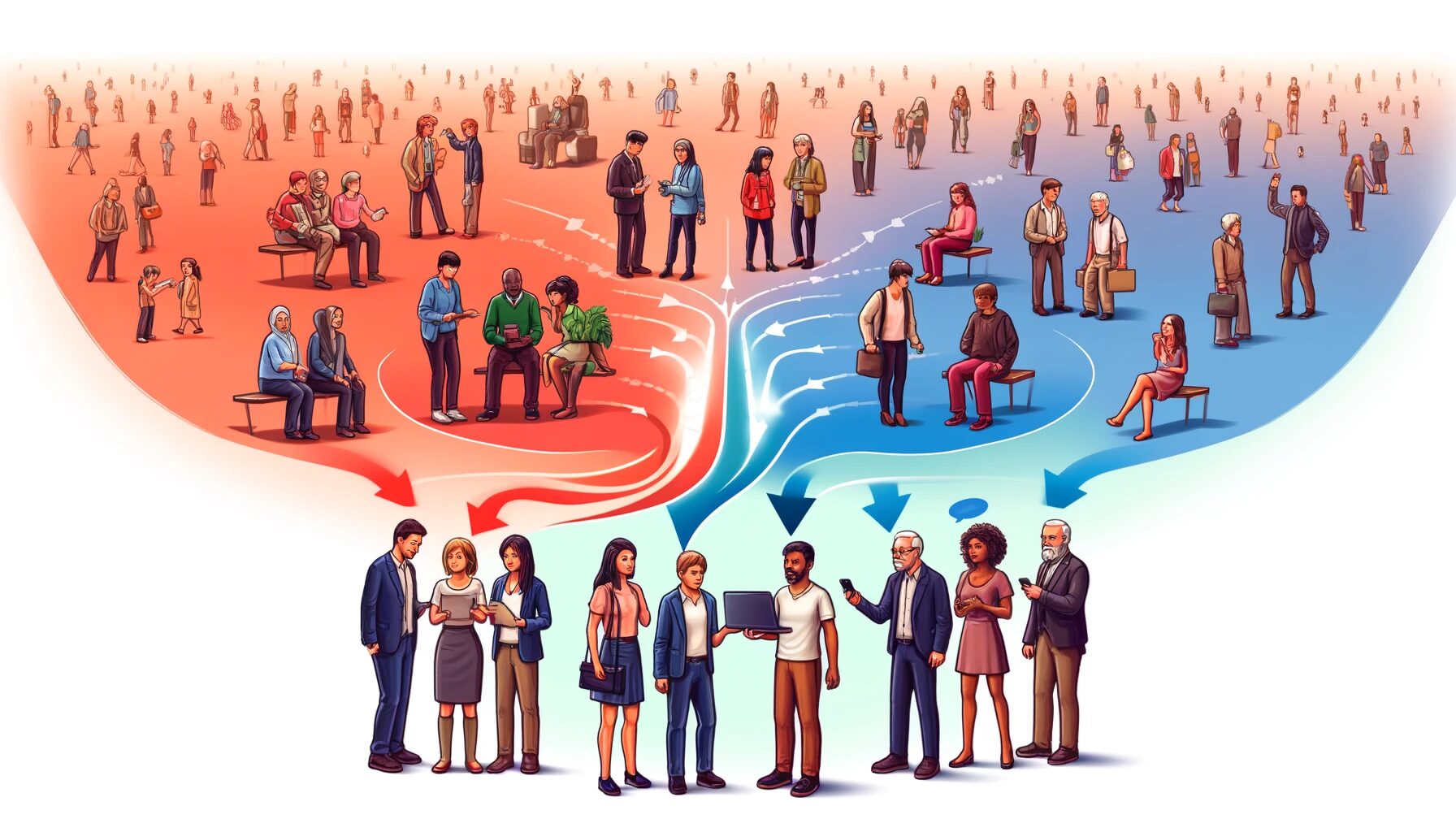 I have created an illustration that visualizes the sociological theory of diffusion. This illustration shows the progression from innovators and early adopters to larger, interconnected social groups, highlighting how ideas, innovations, and practices spread through various segments of society.