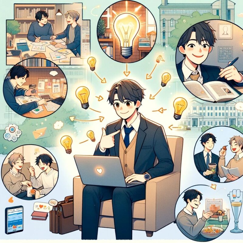 The image depicts a daily scene of Yuya-san applying Social Exchange Theory. It shows Yuya-san, a 23-year-old graduate student, collaborating with colleagues in a university setting, sharing ideas (represented by light bulbs) and feedback (represented by documents). It also portrays Yuya-san engaging in his hobbies, like reading a business book in a cozy room and watching an anime movie on a laptop. Another part of the image illustrates him enjoying a meal with friends, exchanging smiles and conversations, symbolizing mutual support. The background includes elements like books, a university building, and a park.