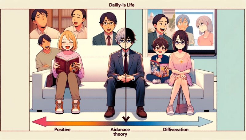 The image illustrates a daily life scene where Yuya-san, a graduate student, applies Balance Theory. The scene is divided into three sections: Friends Interaction: Yuya-san with two friends, highlighting both positive and negative interactions. Research Discussion: Yuya-san discussing research with an advisor, showing moments of agreement and disagreement over a theory. Anime Viewing: Yuya-san watching anime with a friend, illustrating both shared enjoyment and differing opinions. The calm and neutral background emphasizes Yuya-san's experiences and interactions in these situations.