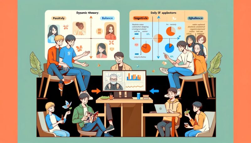 The created image dynamically illustrates Balance Theory applied in daily life. The scene is divided into three parts: Friends Interaction: One part shows friends having both positive interactions and conflicts, depicting balance and imbalance in relationships. Student and Advisor: Another section illustrates a student and advisor discussing research, showing both agreement and disagreement over a theory, highlighting the impact on their academic relationship. Anime Viewing: The final section depicts two friends watching anime together, showcasing both shared enjoyment and differing opinions, demonstrating balance and tension in shared hobbies. The background is a calm, neutral color, emphasizing the interactions.