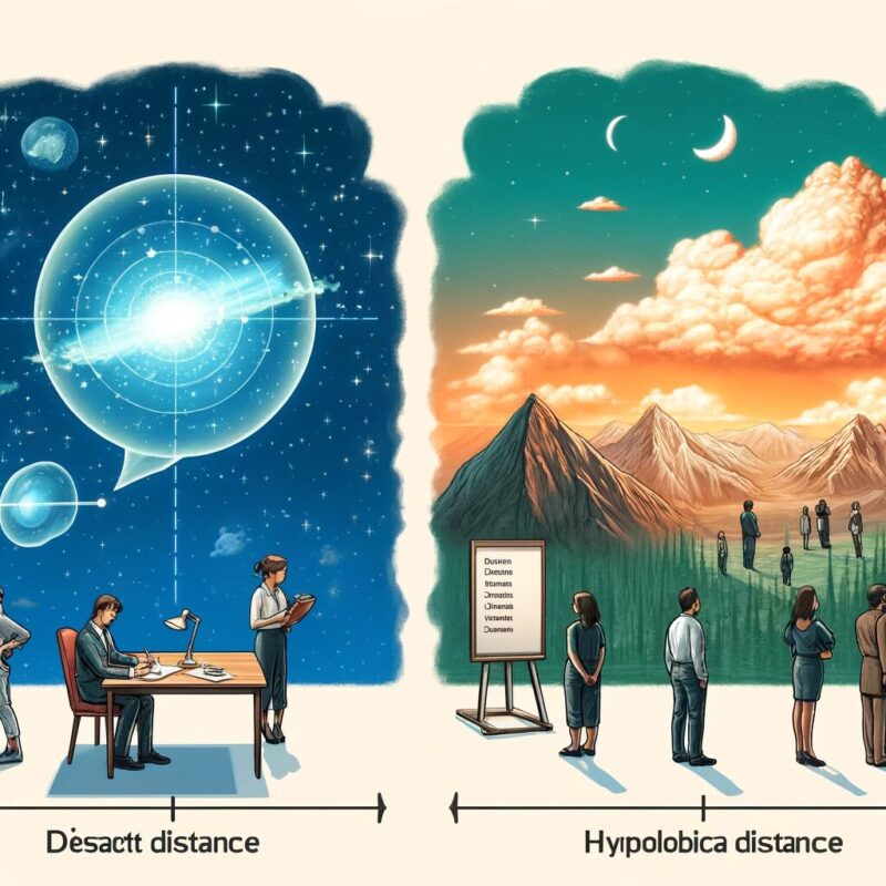 The created image illustrates Construal Level Theory. It features a person standing at a desk, planning a distant future goal represented by an abstract thought bubble with a broad concept, and a near future task shown with a detailed checklist. In the background, spatial distance is depicted with faraway mountains, and social distance is represented by people standing at varying distances. A dreamlike cloud signifies hypothetical distance, displaying a vision of an ambitious goal.