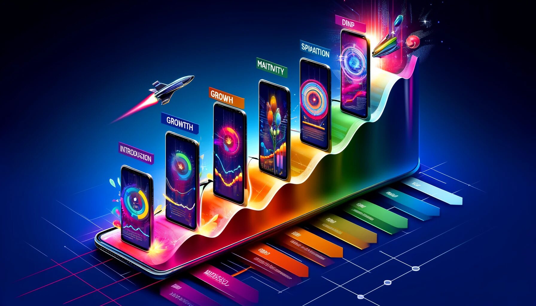 The created image is a vibrant and dynamic illustration of the product life cycle stages for a smartphone. It visually represents the five stages: Introduction, Growth, Maturity, Saturation, and Decline. Each stage is depicted with distinct visual elements such as a launching smartphone, a rapidly increasing sales chart, a stable market with multiple brands, market saturation with many smartphones, and outdated models in decline. The background is modern and colorful, reflecting the fast-paced nature of the tech industry.