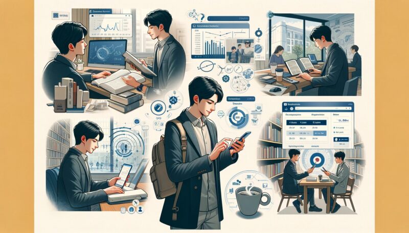 The image shows a young graduate student named Yuya-san using a smartphone in various daily scenarios. He is depicted reading academic papers, checking data analysis results, scheduling classes, and communicating on social media. The background includes settings such as a university, a coffee shop, and a library, illustrating his daily life and routine. The overall atmosphere is modern and dynamic, reflecting his efficient use of technology in different aspects of his academic and personal life.