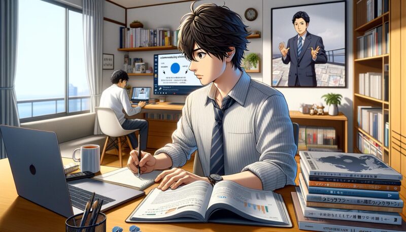 The image illustrates a daily scene of Yuya-san, a young Japanese man, applying the two-step flow of communication theory. Yuya-san is in his modern apartment, sitting at a desk with a laptop, taking notes from a video of Atsuhiko Nakata explaining business concepts. The room is well-lit with natural light from a window, and the desk is neatly organized with books, notebooks, and a cup of tea. The background features a bookshelf filled with academic books and a poster of an anime. The atmosphere is focused and studious, highlighting Yuya-san's dedication to learning and applying new knowledge.