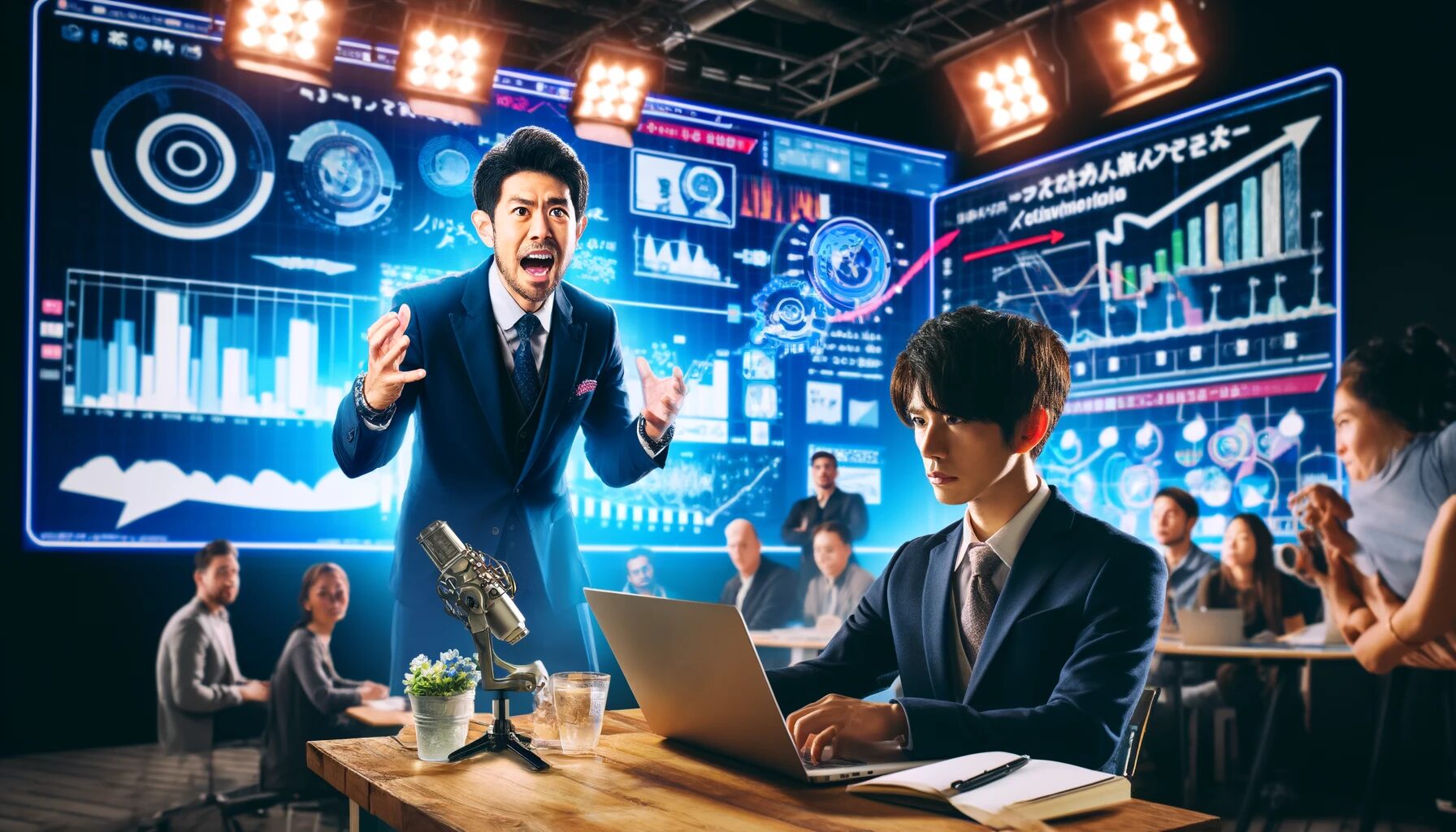 The image depicts a vibrant scene where Atsuhiko Nakata, a renowned Japanese YouTuber, is passionately explaining business concepts on his YouTube channel. He stands in front of a whiteboard filled with diagrams and notes. The background features a modern studio setup with professional lighting, cameras, and a large screen displaying charts. In the foreground, a young Japanese man, resembling a graduate student, watches the video intently on his laptop, taking notes. The atmosphere is dynamic and educational, illustrating the flow of knowledge from an opinion leader to an engaged learner.