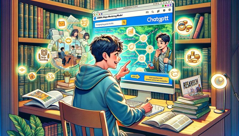 The image depicts Yuya-san's daily experience applying the AIDA marketing model with ChatGPT. It shows him engaged in various activities: noticing the ChatGPT ad while researching, exploring its features and benefits, eagerly wanting to use it, and finally subscribing to the service. The background includes a university library setting, research papers, and a computer screen displaying the ChatGPT interface.